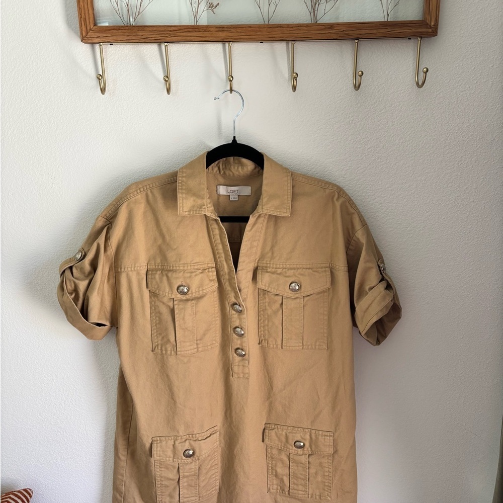 LOFT Khaki Safari Utility Tunic Dress – Button Front Pockets Roll Tab Sleeves M
